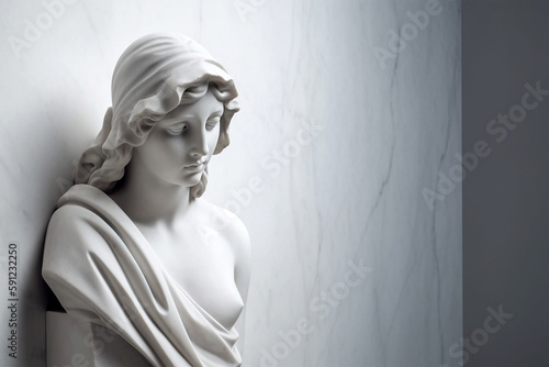 Ancient marble statue of a young woman near empty wall. Greek sculpture with copy space for text. Antique female sculpture, bust, plaster sculpture. AI generated image. © Magryt