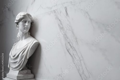 Ancient marble statue of a young woman near empty wall. Greek sculpture with copy space for text. Antique female sculpture, bust, plaster sculpture. AI generated image.
