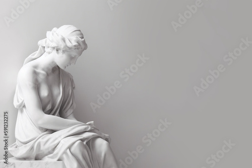 Ancient marble statue of a young woman near empty wall. Greek sculpture with copy space for text. Antique female sculpture, bust, plaster sculpture. AI generated image.