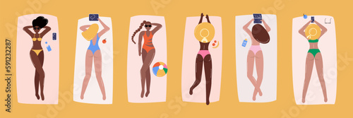Diverse women sunbathing at beach. Young female characters lying on towels and blankets, relax. Summer vacation at seashore. Top view. Vector illustration
