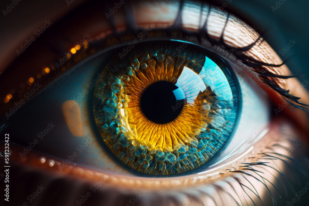 Close up of blue and yellow eye with black circle around the iris. Generative AI.