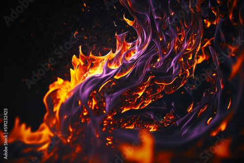 Close up of fire with orange and purple flames coming out of it. Generative AI.