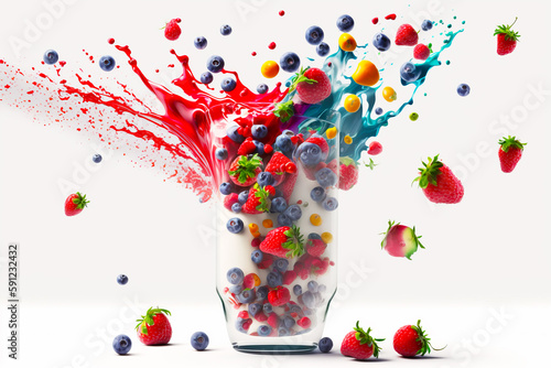 Milkshake with berries and blueberries splashing out of it. Generative AI.