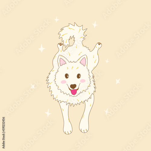 Playful white dog lies and looking cute with his tongue out. Laika dog, friend animal, guide dog, companion pet. National Puppy Day. Stars around. Colorful hand drawn doodle illustration vector