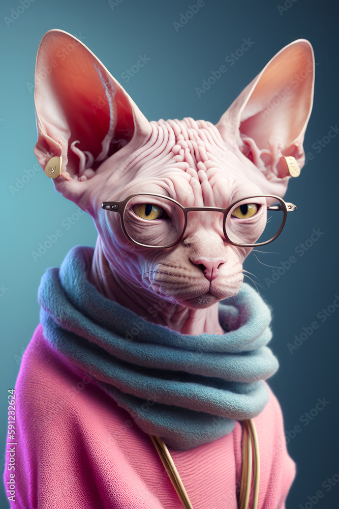 Hairless cat with glasses and scarf around it's neck. Generative AI.
