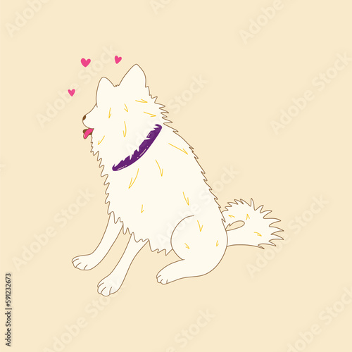 Happy playful white dog sitting and turned his head sideways, tongue out. Laika dog, friend animal, guide dog, companion pet. National Puppy Day. Colorful hand drawn doodle illustration vector