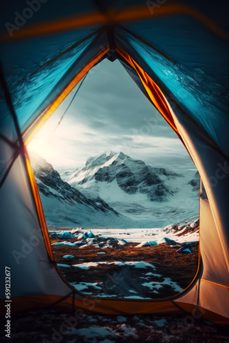 View of snowy mountain from inside tent with view of the ground. Generative AI.