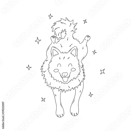 Playful dog lies and looking cute, tongue out. Laika dog, friend animal, guide dog, companion pet. National Puppy Day. Black and white hand drawn doodle illustration vector isolated coloring