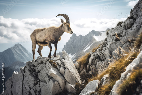 An alpine ibex braves a steep incline. Generative AI photo