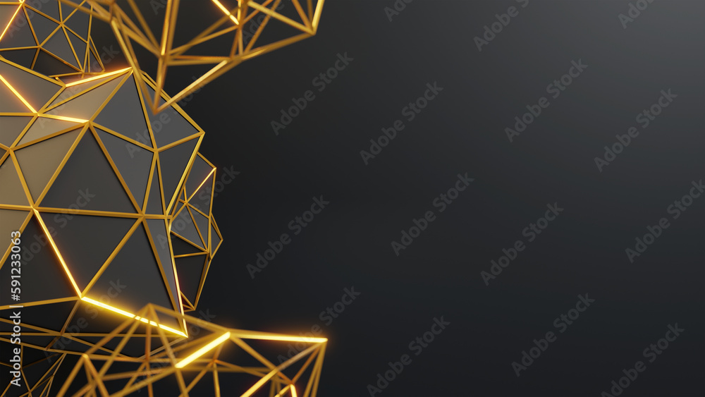 3d render geometric black abstract background with gold wireframe 3d render geometric black abstract background with gold wireframe