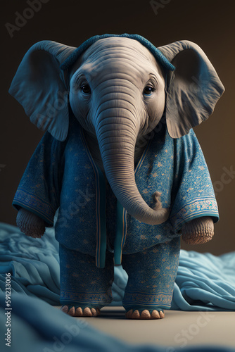 Elephant in blue outfit standing on top of blue bed sheet. Generative AI.