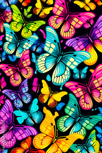 Bunch of colorful butterflies on black background with white outline in the middle of the image. Generative AI.