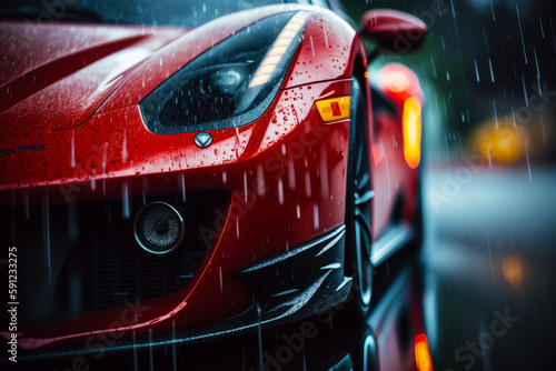 Close up of red sports car on wet road in the rain. Generative AI.