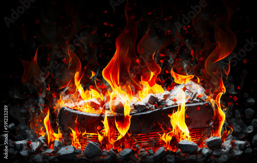 Fire burning in grill with rocks and flames surrounding it on black background. Generative AI.