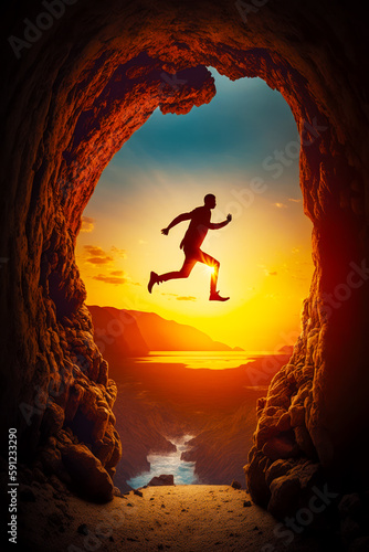 Man is jumping out of cave into river as the sun sets. Generative AI.