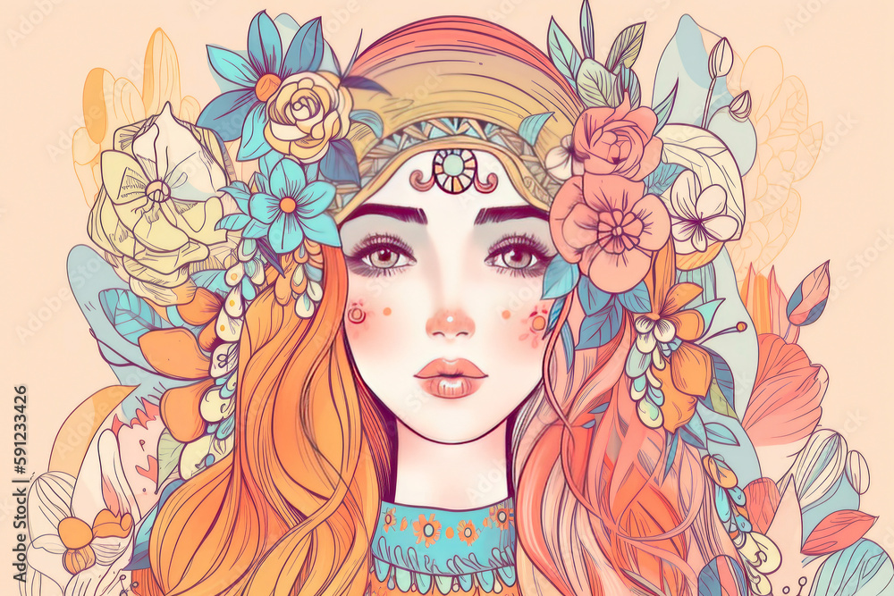 Boho Ornament Front Female with beautiful face and Flowers. Generative AI