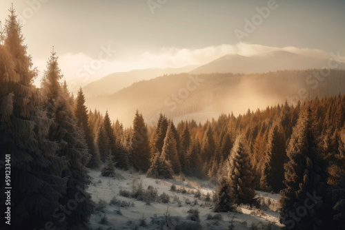 Winter landscape of a snow-covered high coniferous forest against a blue sky. Generative AI © Andrii 