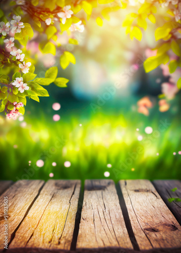 Wooden table with blurry background of grass and flowers in the foreground. Generative AI.