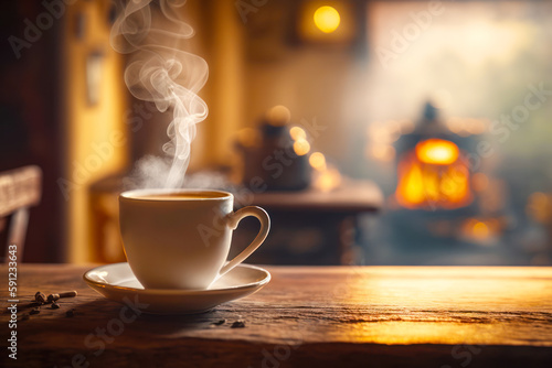Steaming cup of coffee sits on table in front of fireplace. Generative AI.
