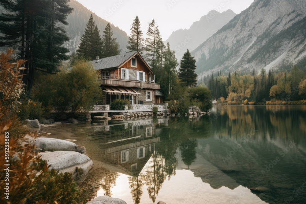 Obraz premium Modern cabin house at lake with scenic view. Generative AI