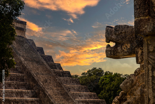 Enjoying the pyramid of Chichen itza from the platform of eagles and jaguars with the god Kukulcan, the feathered serpent of the Mayan civilization.