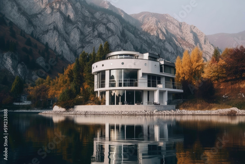 Luxury villa by river or lake. Generative AI