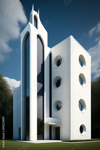 Innovative arcitectural design of a white church in renaissance revival style photo