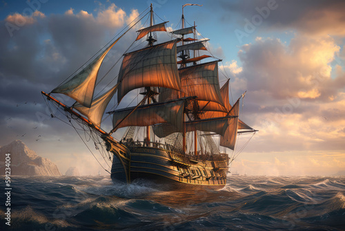 Pirate ship sailing on the ocean at sunset. Generative AI