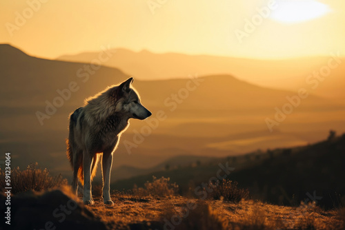 Wolf silhouette, beautiful mountain sunrise landscape background. Generative AI