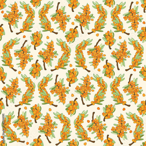 Sea buckthorn seamless pattern. Bright sea buckthorn berries, twigs and leaves. Vector outline drawn illustration. Cosmetic and medical plant. Orange berries seamless background.