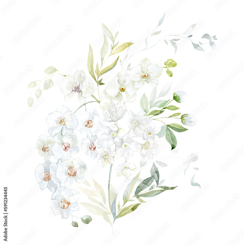 Watercolor Bouquet with white Flowers and green Branches. Orchid and Leaves. Watercolor Bouquet with white Flowers and green Branches. Orchid and Leaves.