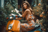 Attractive young woman in a stylish dress riding a vintage scooter during a warm summer day, surrounded by blooming flowers and showcasing her gorgeous hair. Generative AI