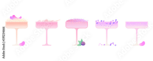Champagne dessert glass set. Alcoholic drinks with berries, flowers and different ingredients. Cool drinks. Vector flat illustration with texture and gradient. Bright simple image with set martini gla