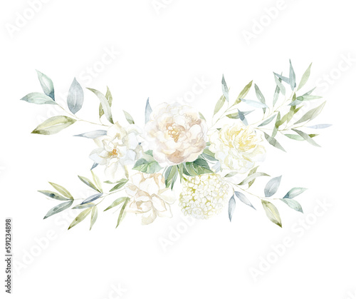 Watercolor Bouquet with white Flowers and green Branches. Peony, Gardenia and Hydrangea.