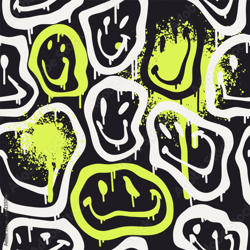 Groovy smile seamless pattern in Urban street art style on black background. Graphic underground unisex design for t-shirts. Hipster retrowave with 90s style. Psychedelic rave background. Neon colors.