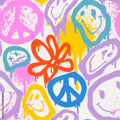 Groovy smile seamless pattern in Urban street art style with funny happy daisy. Graphic underground unisex design for t-shirts. Hipster retrowave with 90s style. Psychedelic rave background. 