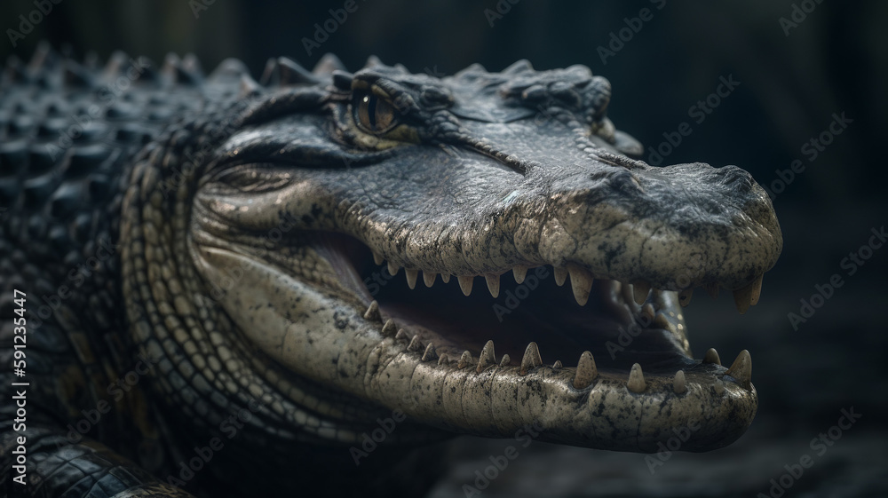 A generative AI crocodile, resembling a tyrannosaurus, unleashes a fierce roar