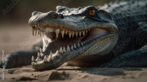 A generative AI crocodile  resembling a tyrannosaurus  unleashes a fierce roar
