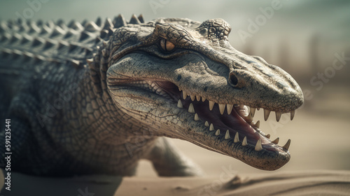 A generative AI crocodile, resembling a tyrannosaurus, unleashes a fierce roar