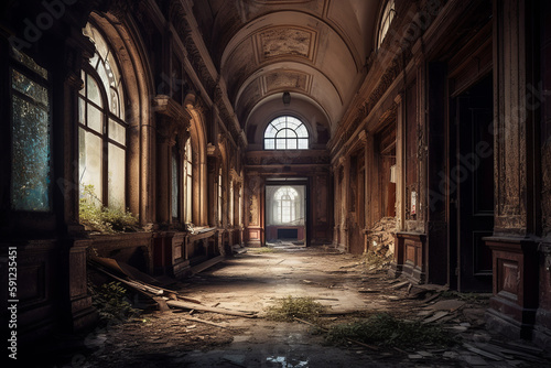 Haunting view of a deserted abandoned ruins. The beauty of decay and passage of time. Generative AI © yarohork
