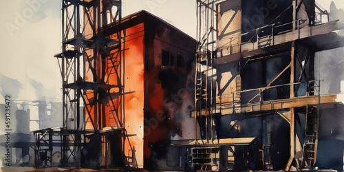 industrial architeture watercolor: factory scaffolding, stairs, and pipes (generative ai content) photo
