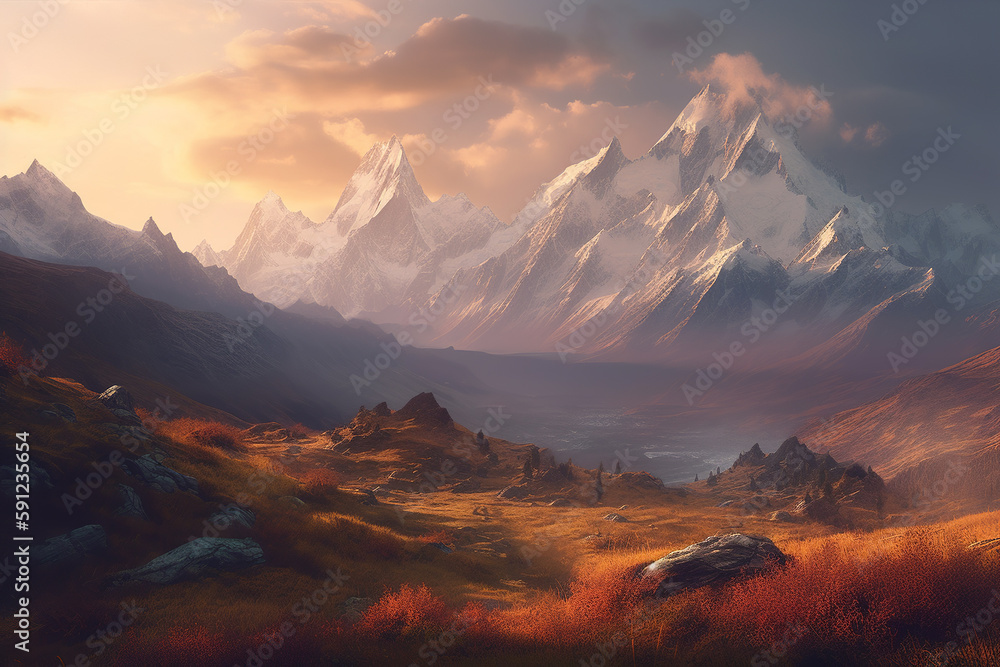 Majestic mountain peaks at foggy sunrise. Generative AI