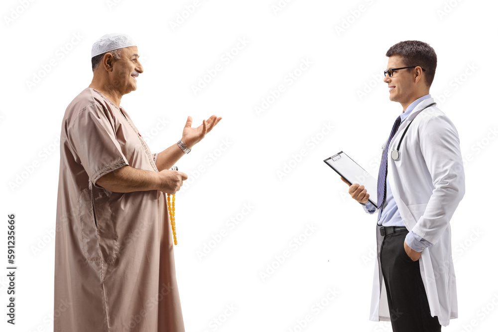 Mature muslim man talking to a doctor Mature muslim man talking to a doctor