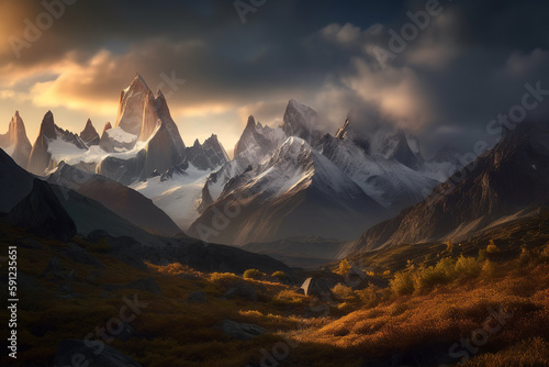 Majestic mountain peaks at foggy sunrise. Generative AI © yarohork