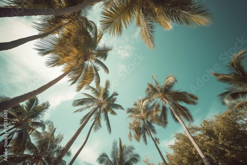 Vintage view of blue sky and palm trees from below, creating a tropical summer vibe. Generative AI