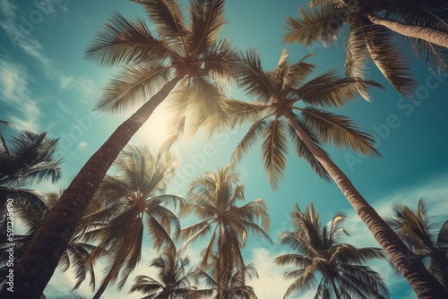 Vintage view of blue sky and palm trees from below  creating a tropical summer vibe. Generative AI