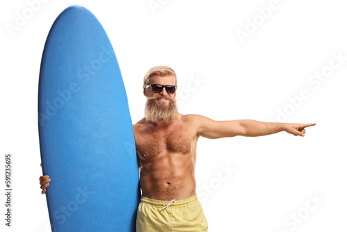Bearded surfer with a surfboard pointing to the side
