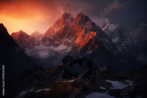 Majestic mountain peaks at foggy sunrise. Generative AI