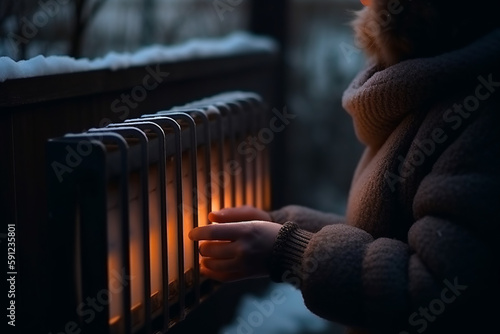 Girl warming hands on radiator in winter evening. Generative AI