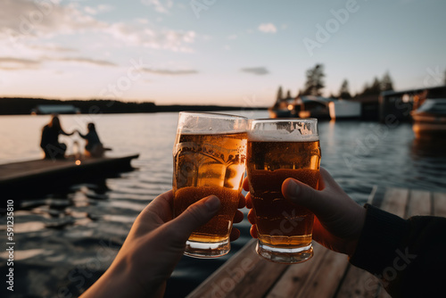 Cheers with beer at the lake. Generative AI